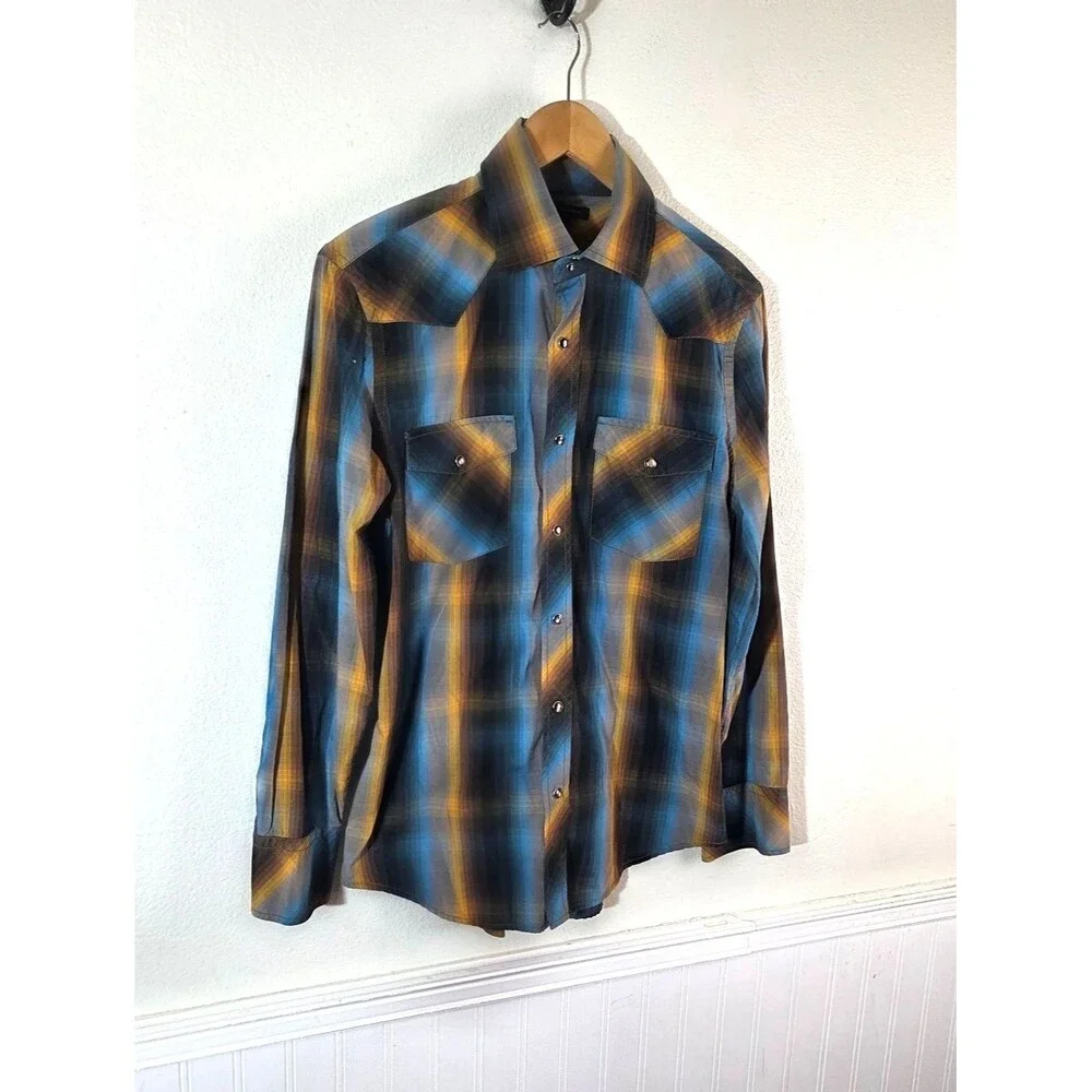 Banana Republic Pearl Snap Western Plaid Shirt Men’s Small Blue Yellow Long